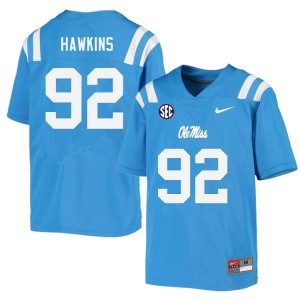 Power Blue Out Essential Men's JJ Hawkins Rebels #92 Long-Lasting College Football Jersey 17223-469