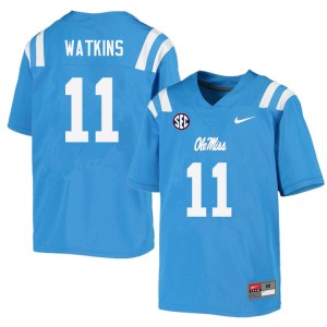 Men Subtle Ole Miss Rebels #11 Jordan Watkins Power Blue Double-Stitched College Football Jersey 99981-132