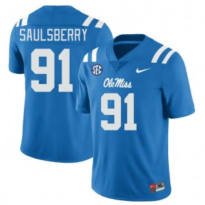 Easy Care Powder Blue Men Football Myles Saulsberry #91 Rebels University Lightweight Jersey 14033-758