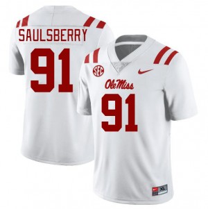 Mens #91 Myles Saulsberry Ole Miss Rebels White Player Microfiber Football Jersey - Authentic NCAA 79470-695