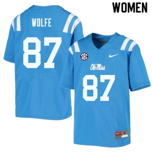 Women #87 Hudson Wolfe Ole Miss Rebels Powder Blue University Microfiber Football Jersey - Authentic NCAA 47768-808