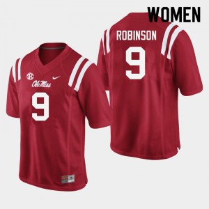 Collectible Womens Jaylon Robinson #9 Ole Miss Red Applique Player Football Jersey - Premium Licensed NCAA Gear 18865-328