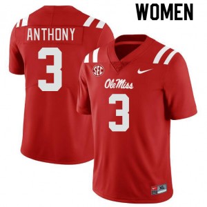Compliance Certified Womens Daijahn Anthony #3 Ole Miss Red Breathable University Football Jersey - Premium Licensed NCAA Gear 74916-564