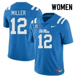Power Blue Out Essential Women Jett Miller Rebels #12 Chain-Stitched NCAA Football Jersey 17963-137