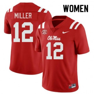 Women's Collectible Ole Miss #12 Jett Miller Red Applique College Football Jersey 59639-471