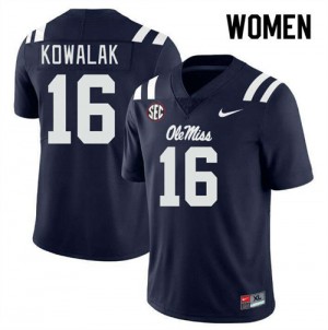 Navy Out Essential Womens Justin Kowalak Rebels #16 Chain-Stitched University Football Jersey 94773-958