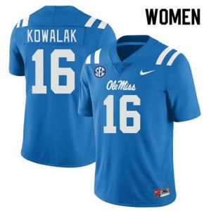 Powder Blue Double-Stitched College Football Jersey - Women's Justin Kowalak #16 Ole Miss Rebels Subtle (Licensed Official) 93692-214