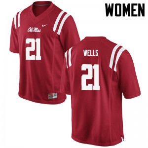 Team-Issued Women KeShun Wells #21 Ole Miss Rebels Red Microfiber Player Football Jersey - Premium Licensed NCAA Gear 26443-227