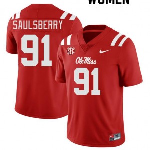 Women's #91 Myles Saulsberry Ole Miss Red NCAA Athletic-Fit Football Jersey - Authentic NCAA 55691-881
