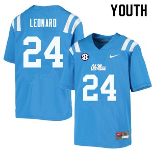 Exclusive Deane Leonard #24 Powder Blue Ole Miss Kids Football Applique Jersey - Official NCAA Licensed Collectible 88028-581