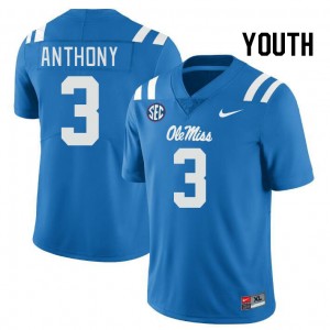 Powder Blue Chain-Stitched NCAA Football Jersey - Kid Daijahn Anthony #3 Rebels On-Field (Licensed Official) 70738-856