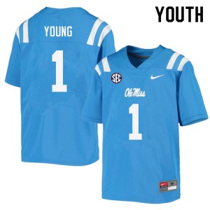 Kids #1 Isheem Young Ole Miss Rebels Power Blue College Anti-Odor Football Jersey - Authentic NCAA 86902-175