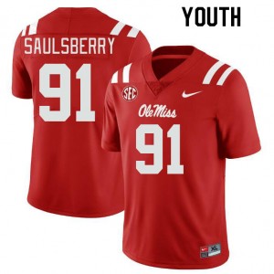 Exclusive Myles Saulsberry #91 Red Ole Miss Kids Football Applique Jersey - Official NCAA Licensed Collectible 96499-570